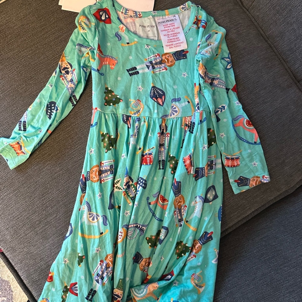 Posh Peanut Nutcracker Print Kids Dress - Teal